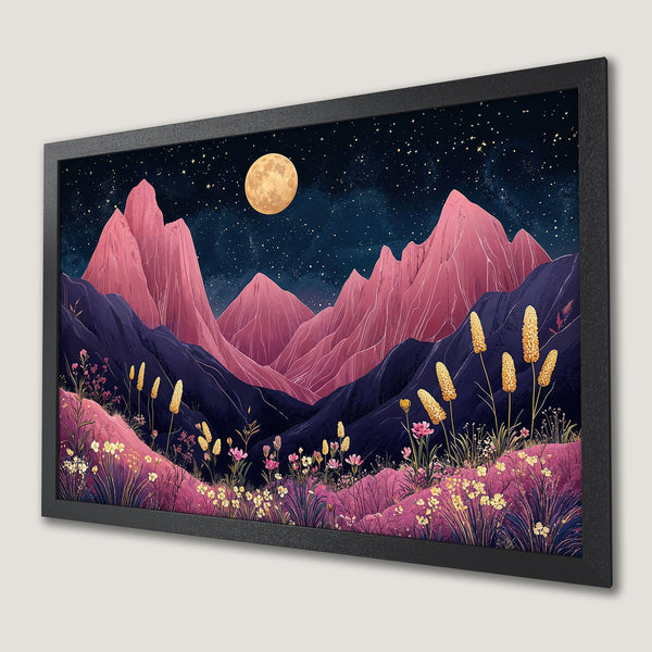 Framed Poster of a dreamy mountain landscape with pink peaks, starry night sky, and a full moon. Beautiful color palette.