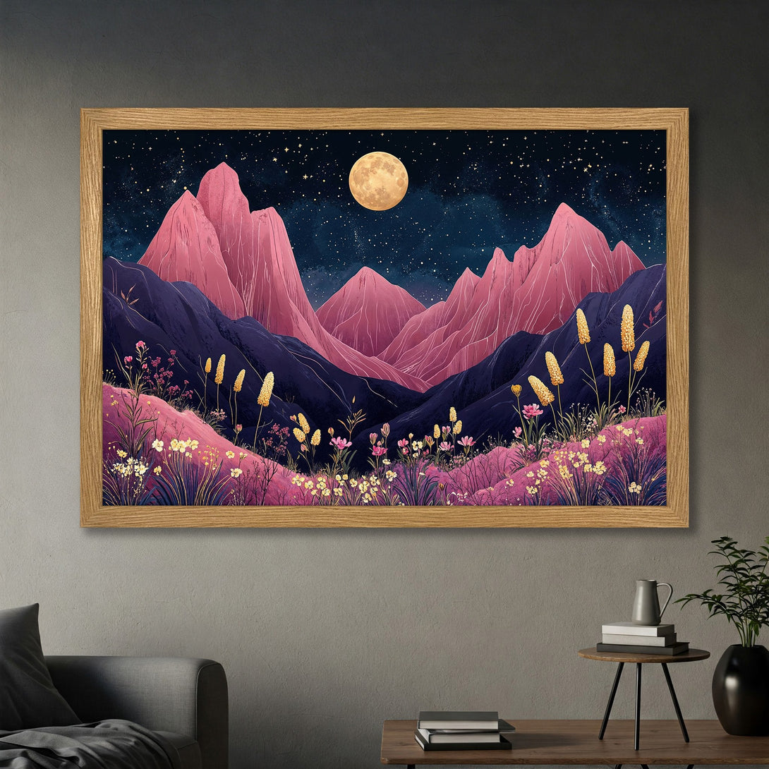 Framed Poster featuring a stylized mountain landscape with pink, purple, and yellow hues, under a starry night sky. Perfect wall art!