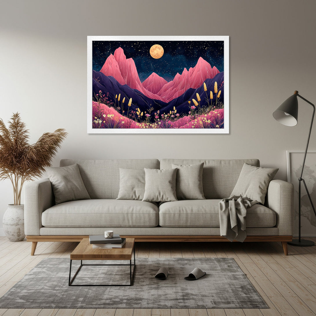 Framed Poster featuring a stylized mountain landscape with a pink and purple color palette. Perfect art for your home!