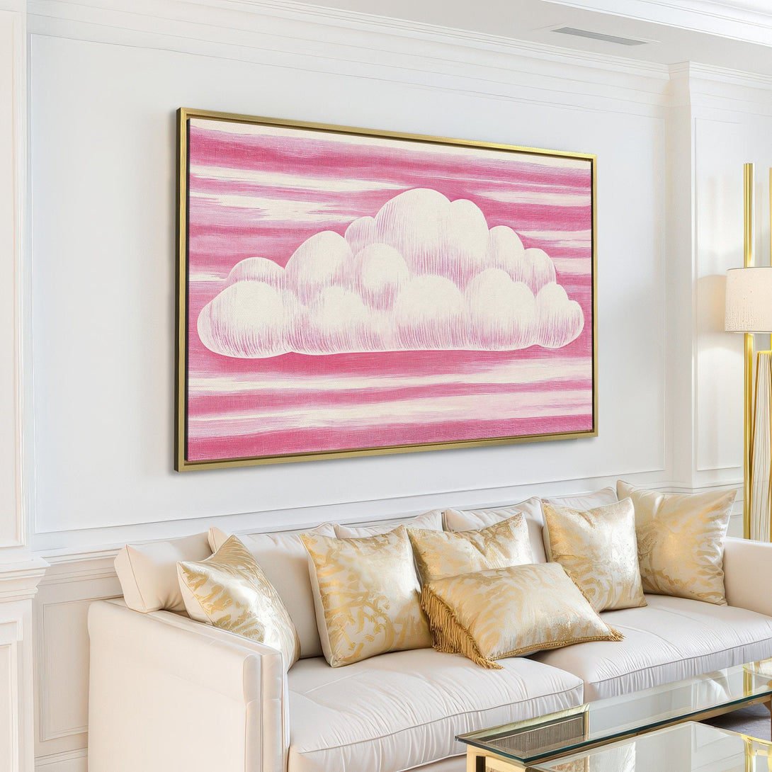 Canvas Print featuring a whimsical cloud design in a soft pink and white palette, perfect for adding a touch of serenity to any space.