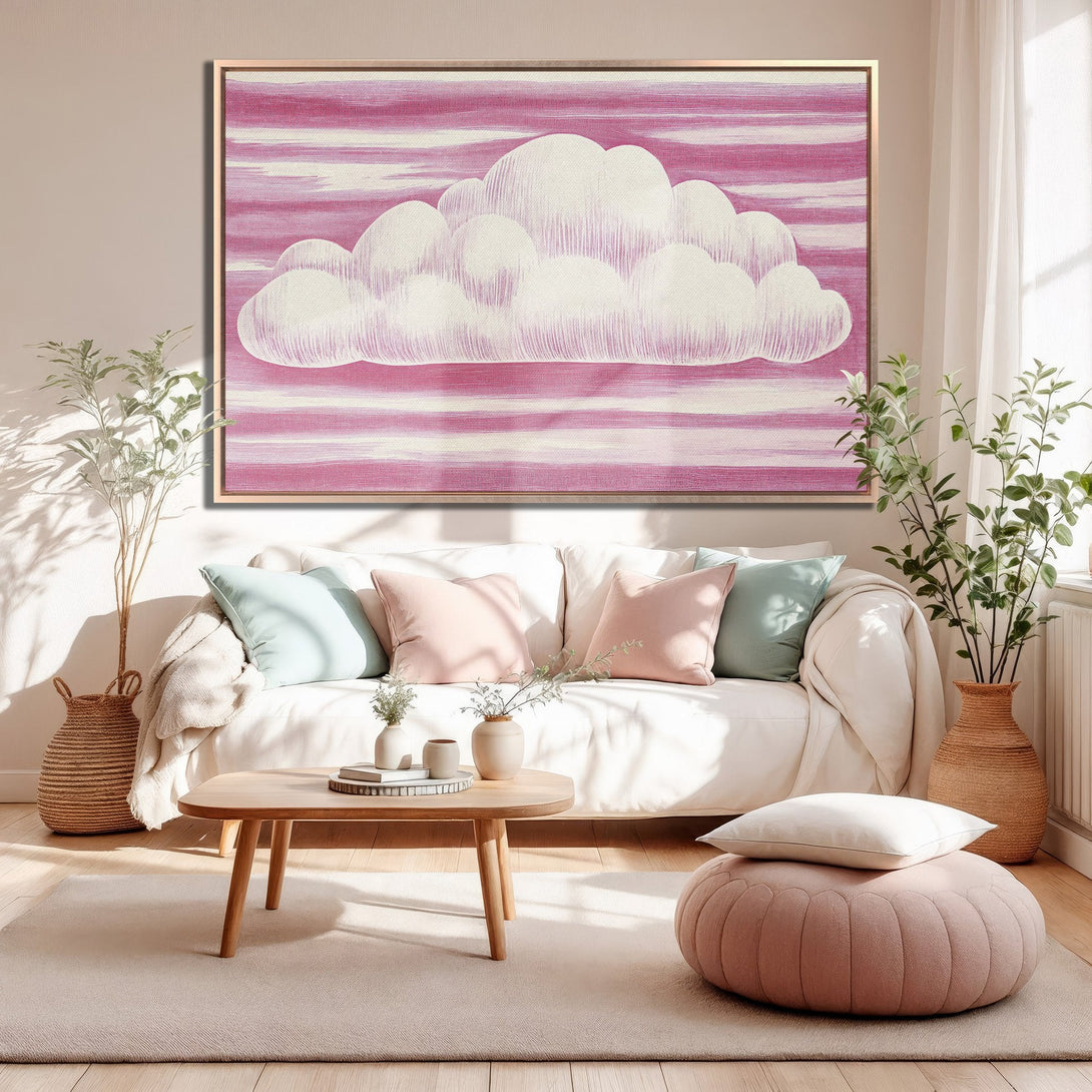 Framed Wall Art: Cloud Canvas Print in pink and white, adding a touch of whimsy to your living room decor. Modern art for a stylish home.