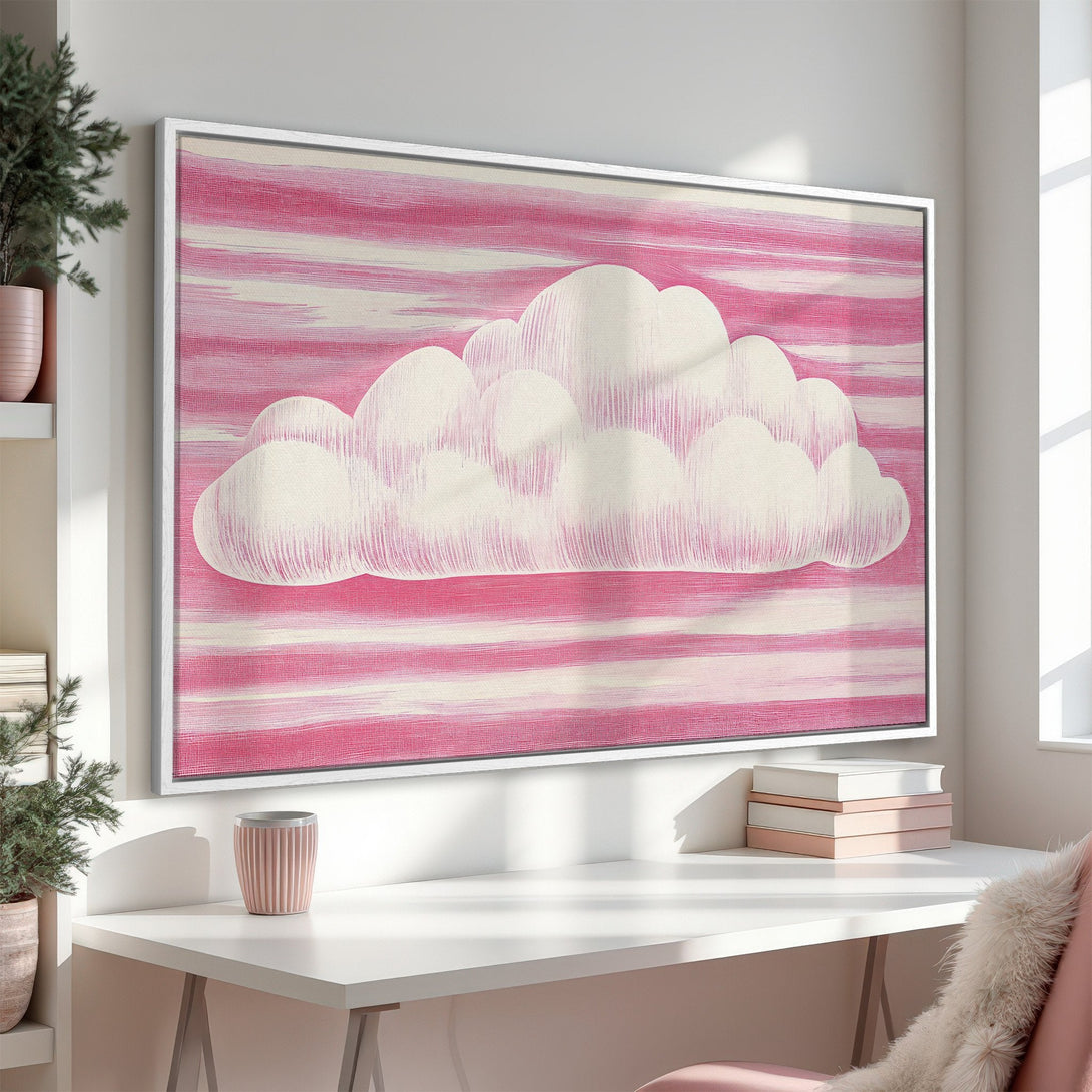Framed Wall Art featuring a whimsical cloud design in a pink and white color palette. Perfect for adding a touch of art to your space!