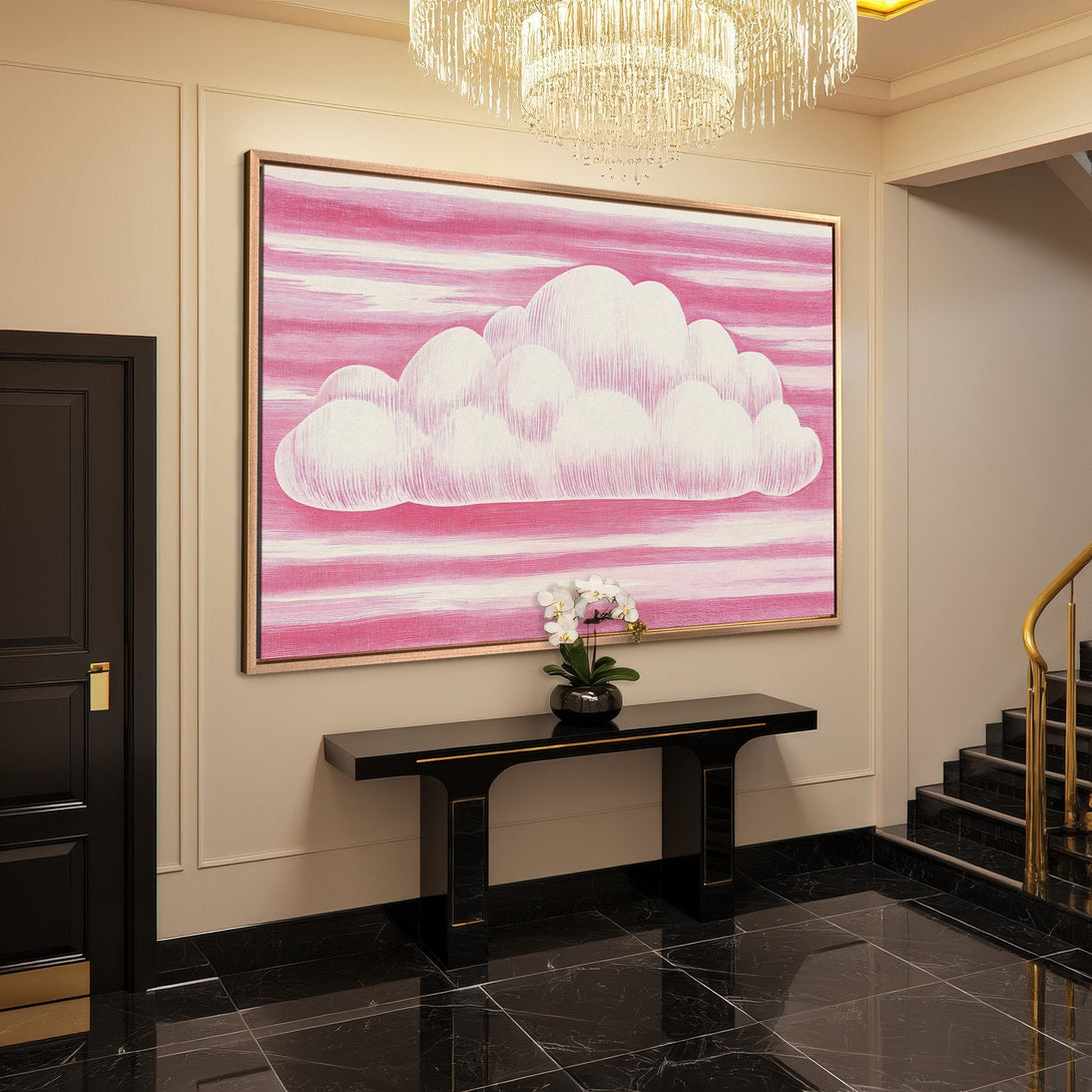 Framed Wall Art featuring a whimsical cloud design in pink and white, perfect for adding a touch of art to your home decor.