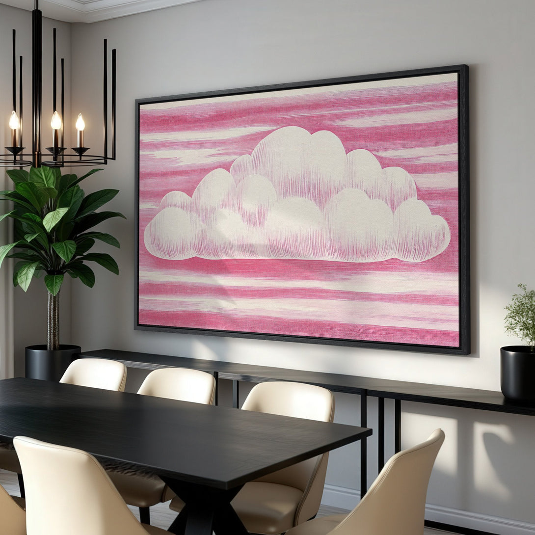 Framed Wall Art: Abstract cloud art in pink and white, adding a pop of color to a modern dining room. Elevate your space with this stylish canvas print!