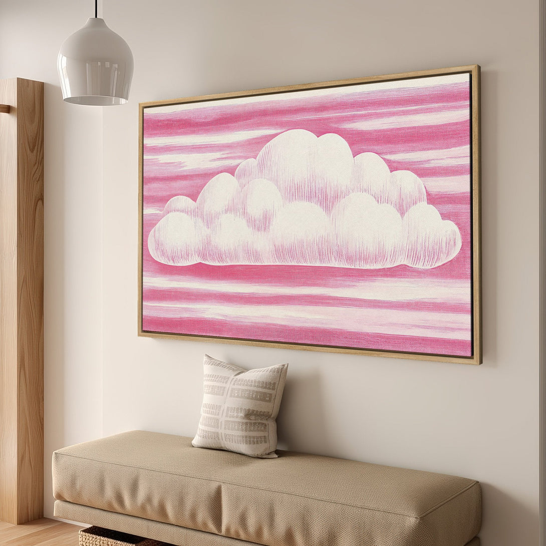 Framed Wall Art featuring a whimsical cloud painting in pink and white. Modern art for your home, perfect for adding a pop of color and style.