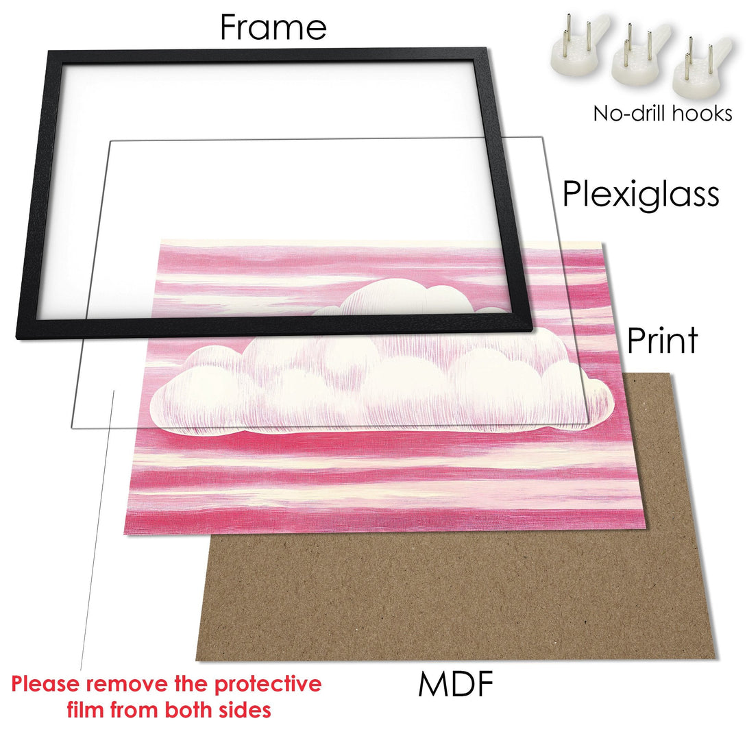 Framed Poster featuring a dreamy cloudscape in pink and white. Modern art print, ready to hang and brighten your space!