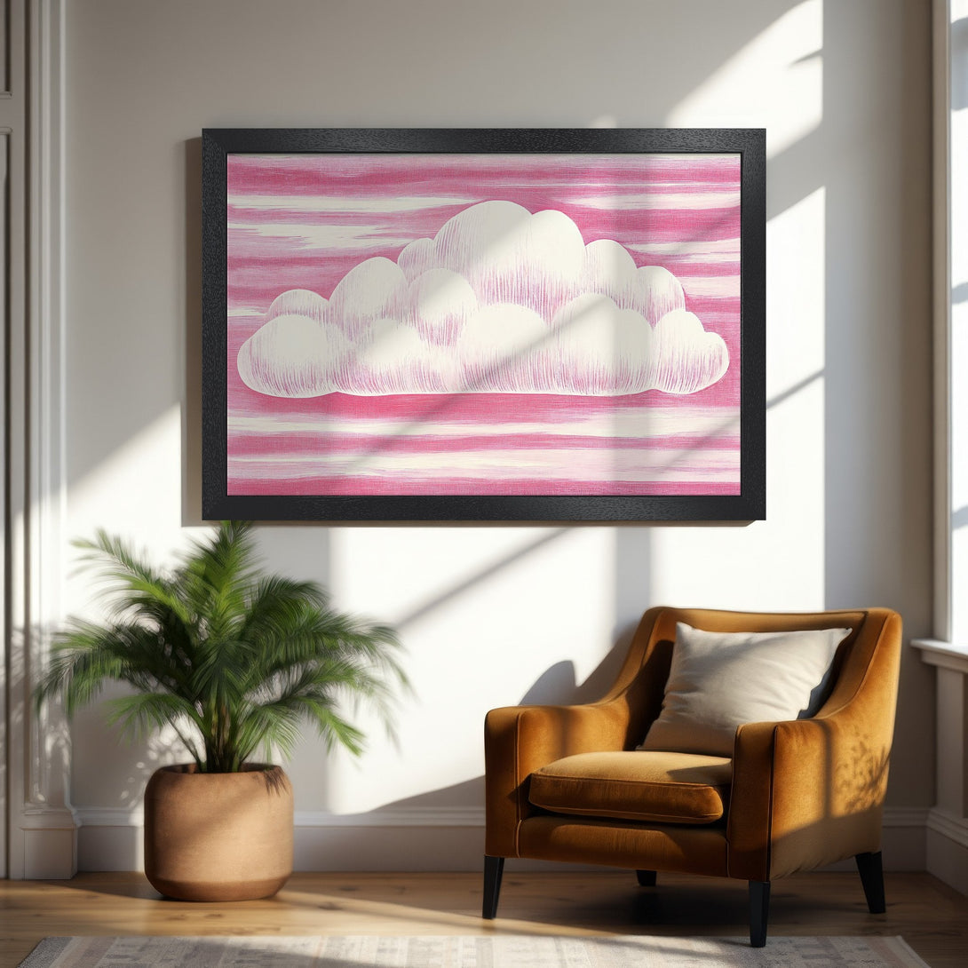Framed Poster featuring white cloud art on pink background. Modern style, perfect for home decor.