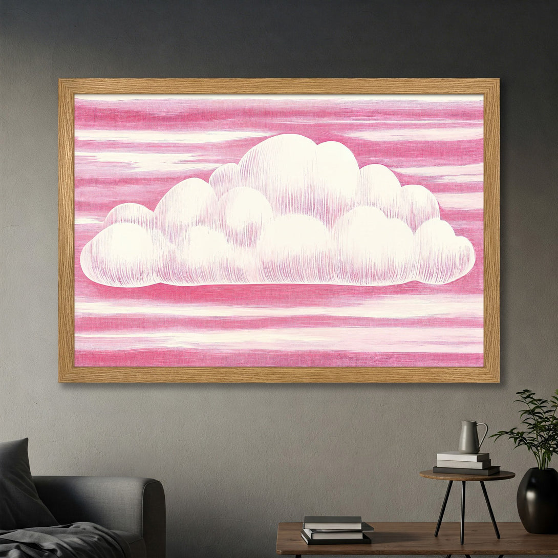 Framed Poster featuring a whimsical cloud illustration in a pink and white color palette. Perfect wall art for any space!