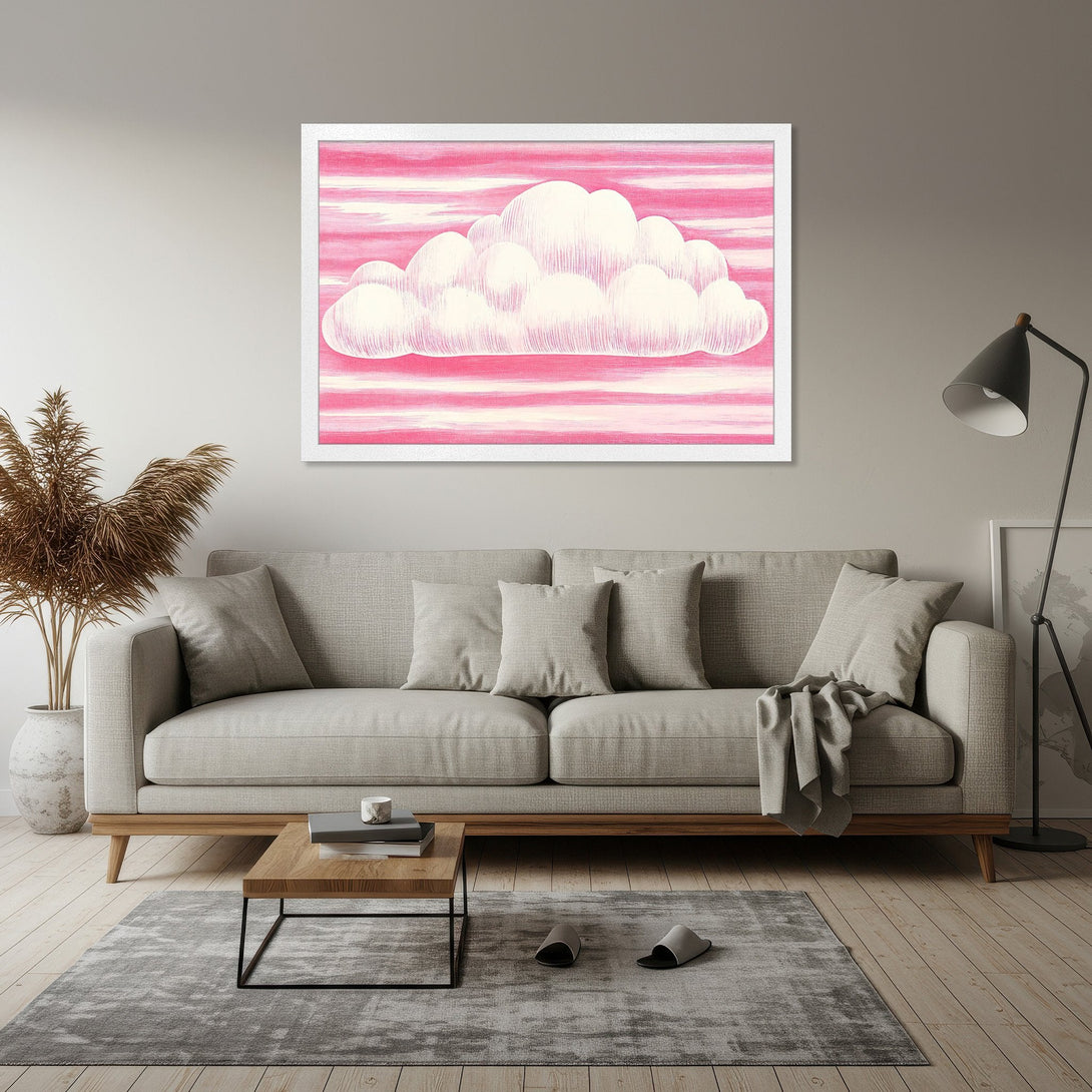Framed Poster of a whimsical cloud in pink and white, perfect for adding a touch of art to your home.