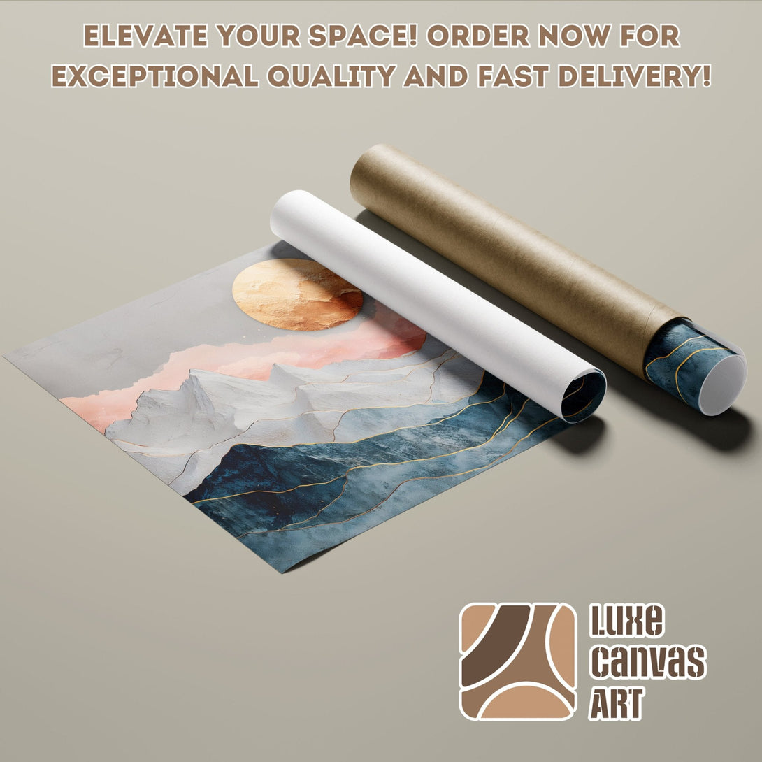 Abstract landscape poster roll art, featuring a blue, gold, and neutral color palette. Order your art today!