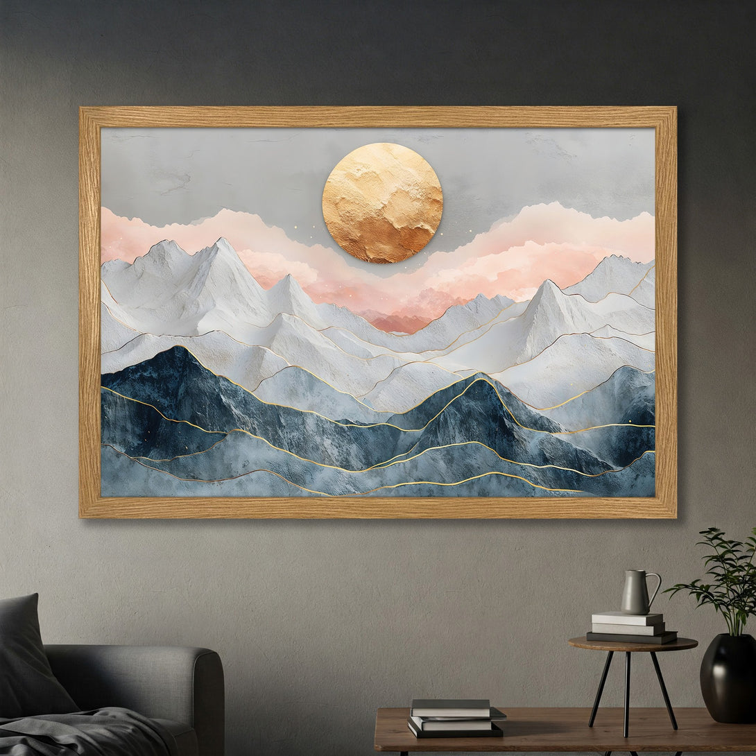 Framed Poster of abstract mountain landscape art. Features a gold, blue, and pink color palette. Perfect wall decor.