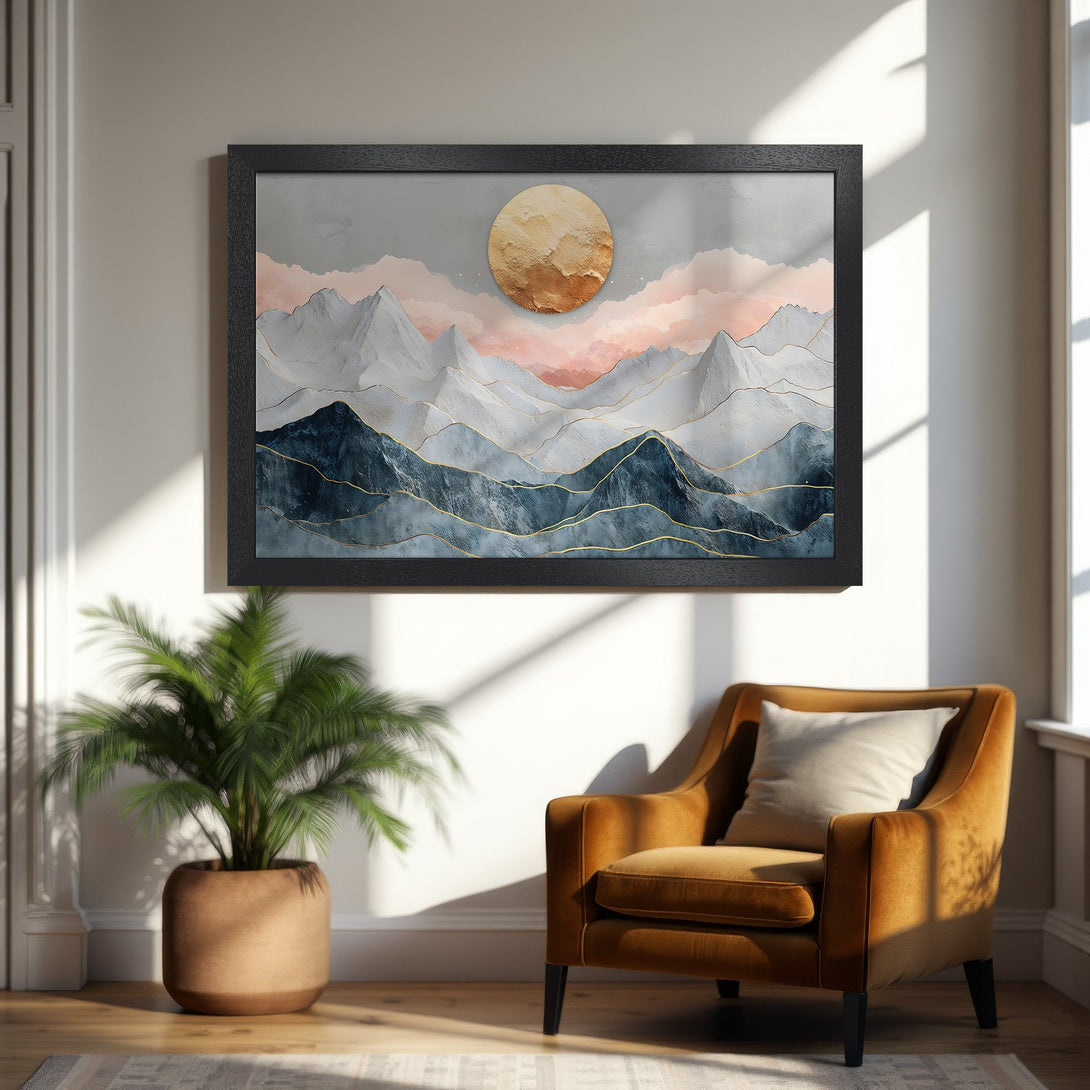 Framed Poster of abstract mountain landscape art in gray, gold, and blush tones. Modern decor.