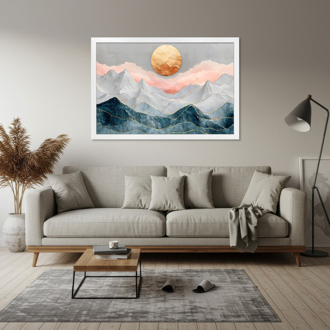 Framed Poster featuring abstract mountain landscape art in blue, gray, and gold tones. Modern art style, perfect for home decor.
