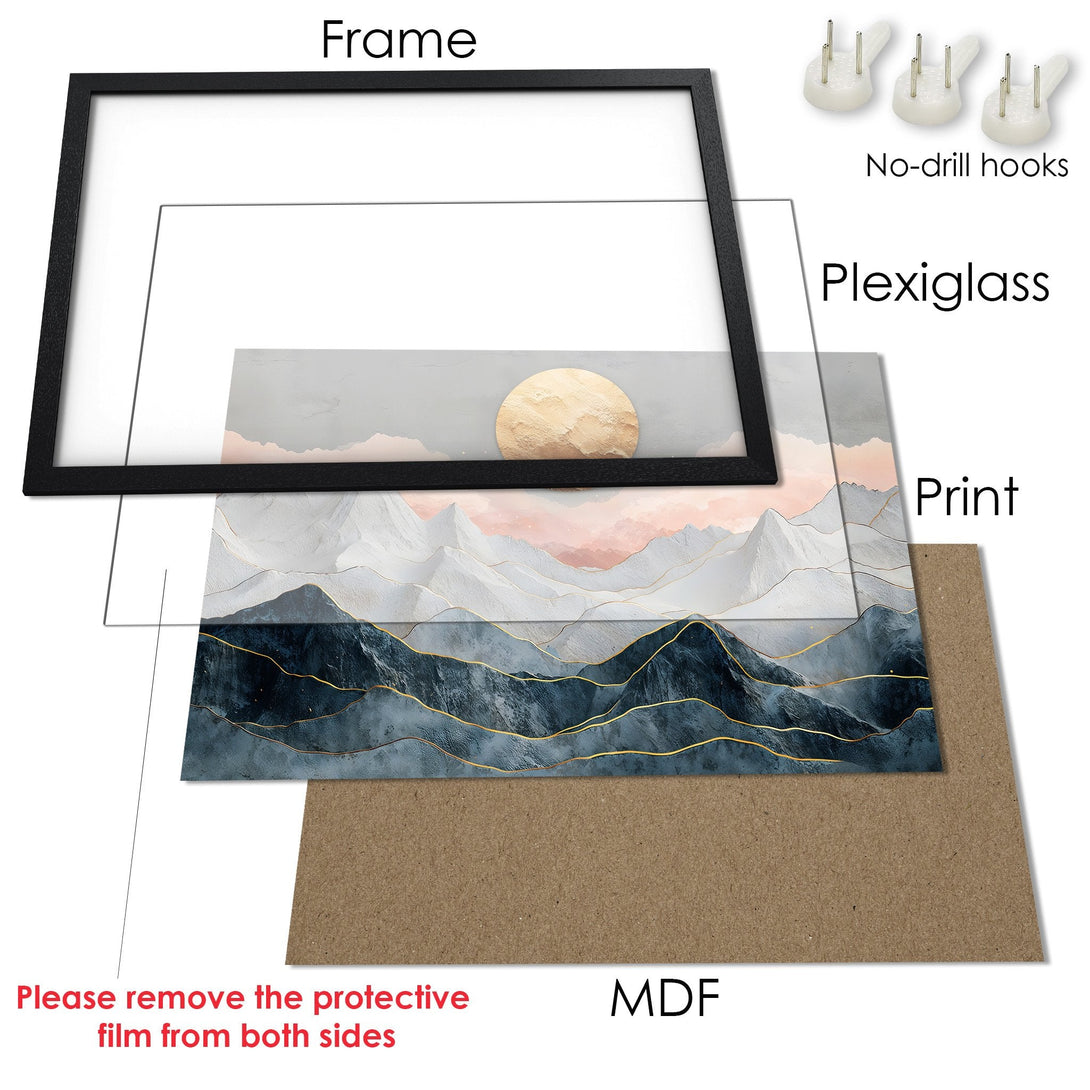 Framed Poster of abstract mountain landscape art in blue, gold, and gray tones. Modern wall decor for a stylish home.