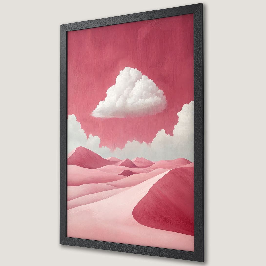 Framed Poster of a surreal pink desert landscape with white clouds. Modern art print in a vibrant, monochromatic color palette.