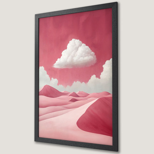 Framed Poster of a surreal pink desert landscape with white clouds. Modern art print in a vibrant, monochromatic color palette.