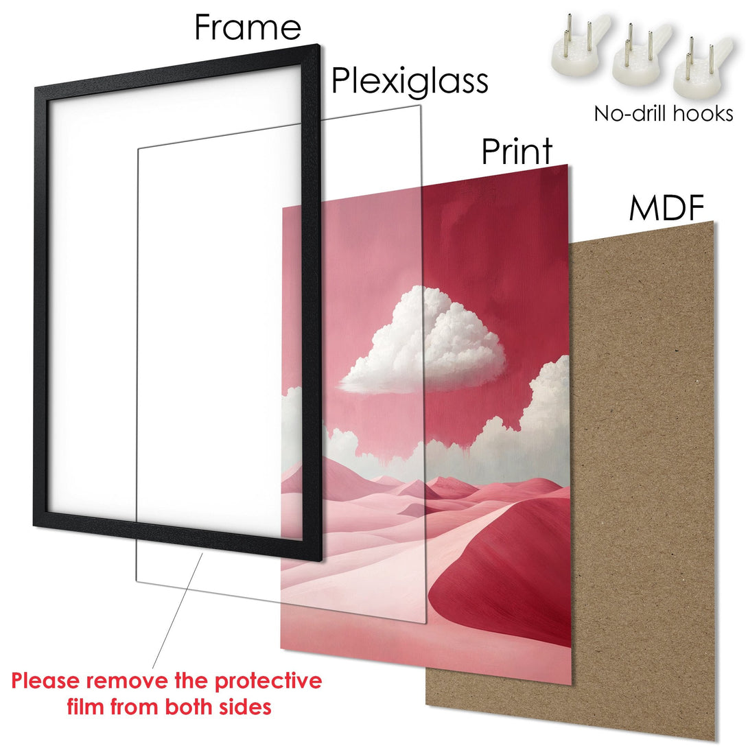 Framed Poster: Desert landscape art print in pink & red hues. Modern wall decor for your home.