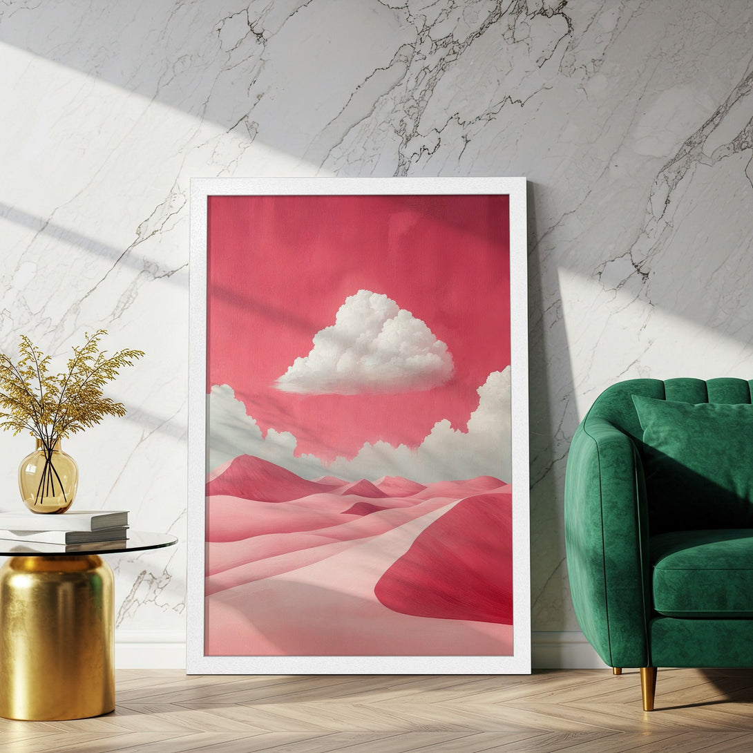 Framed Poster featuring a surreal desert landscape in pink hues. Modern art print perfect for adding a pop of color to any space.