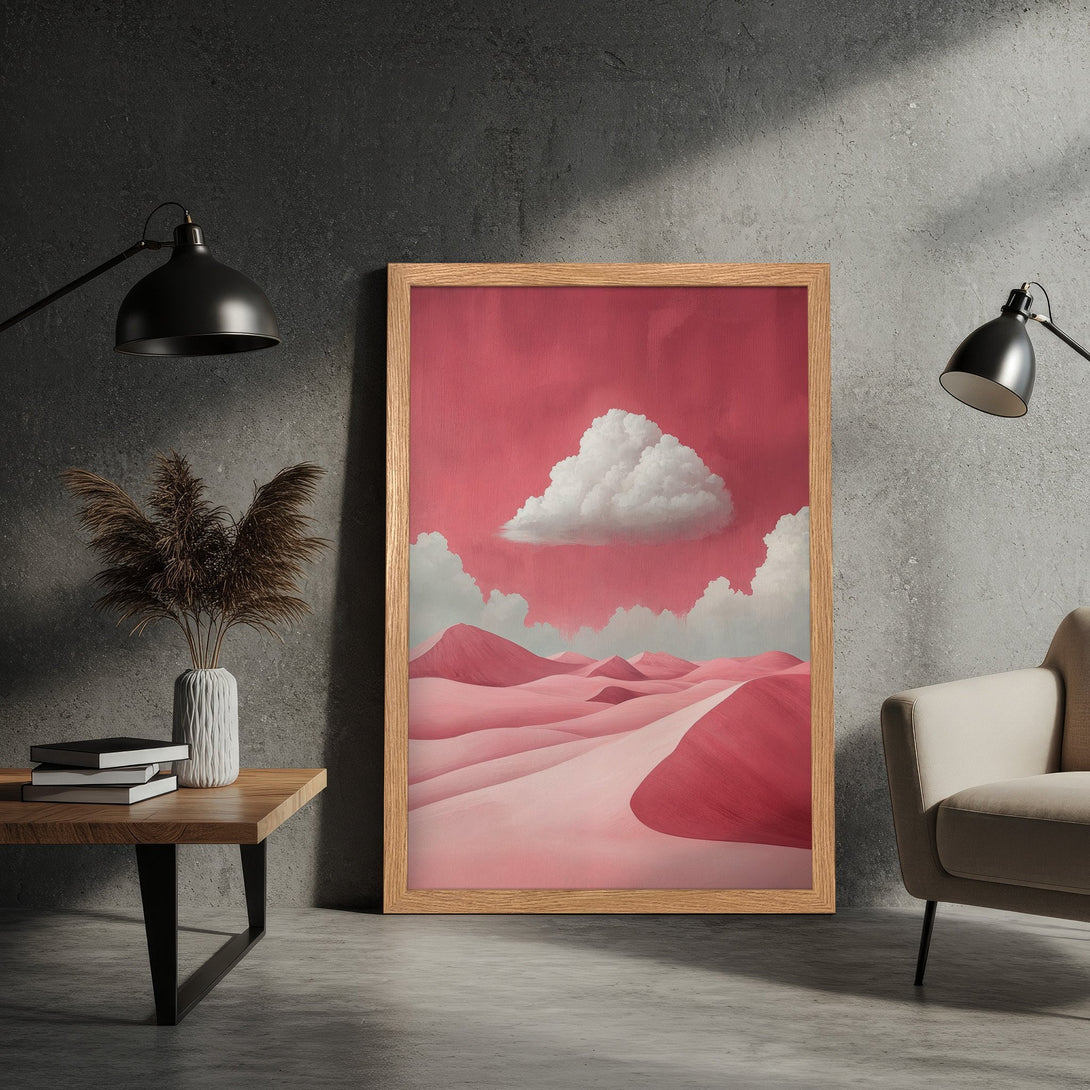 Framed Poster featuring a pink desert landscape painting. Modern art style with a warm, monochromatic color palette. Perfect wall decor!