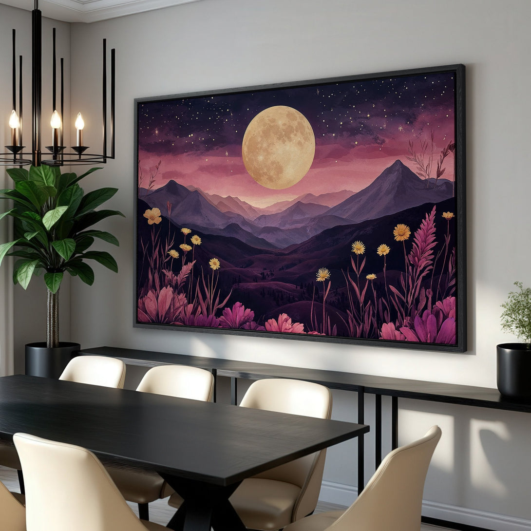 Framed Wall Art: Landscape with moon and mountains in a watercolor style. Purple, pink, and yellow color palette. Perfect for dining room decor.