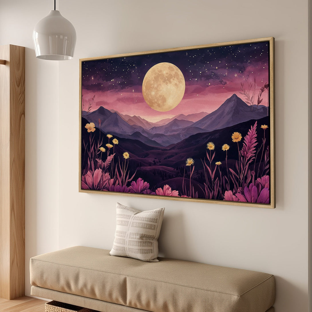 Framed Wall Art: Watercolor landscape with a full moon, mountains, and flowers in a purple and pink color palette. Perfect for home decor.