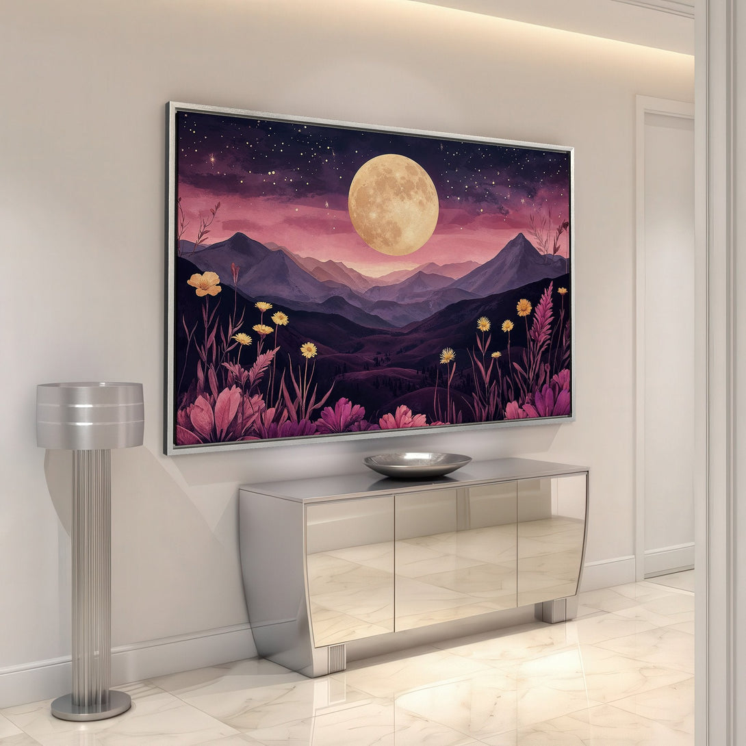 Framed Wall Art featuring a moonlit mountain landscape in a watercolor style with a purple and pink color palette. Perfect for adding a touch of nature to your home.