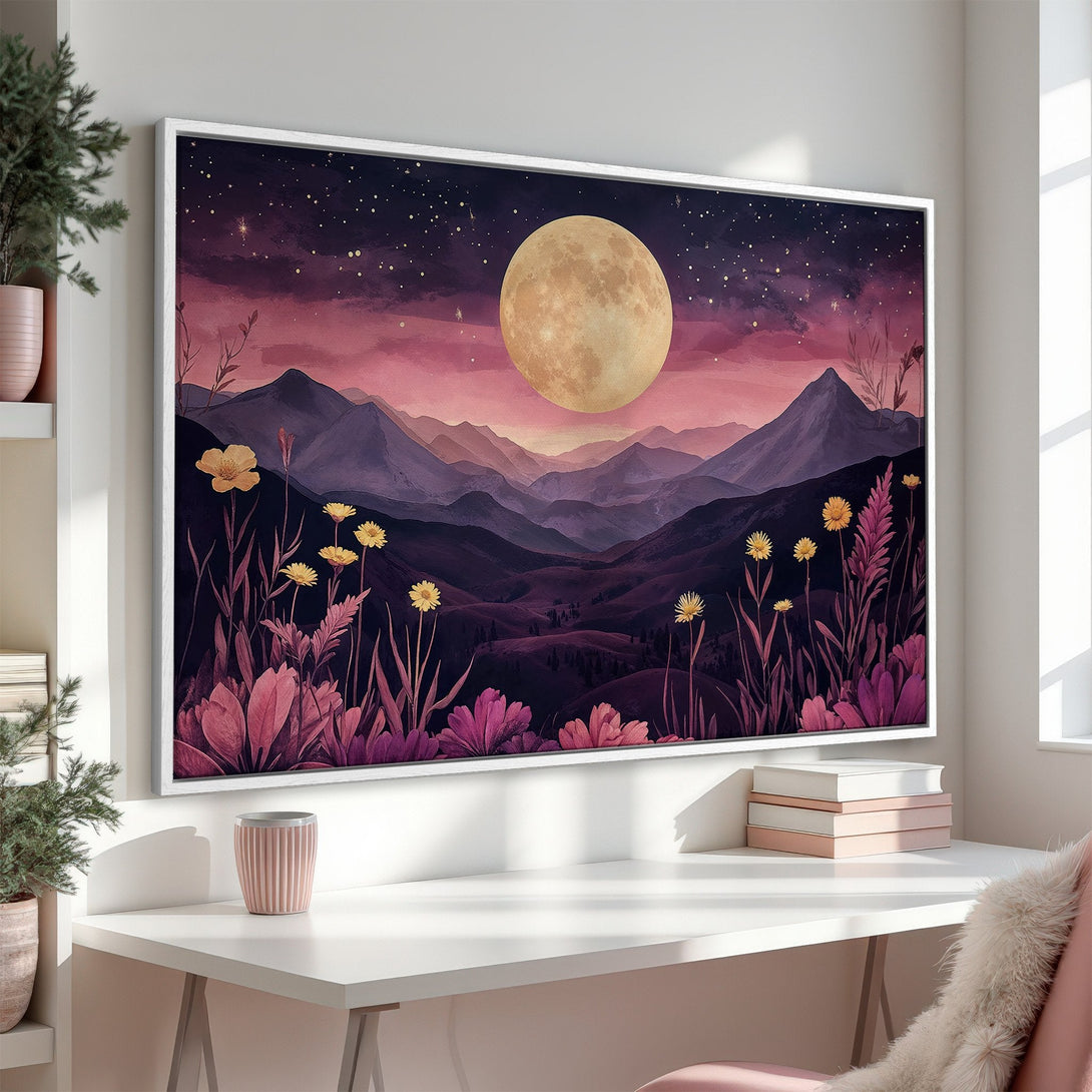Framed Wall Art: Moonlit landscape canvas print with a dreamy, watercolor style. Features a purple, pink, and yellow color palette. Perfect for home decor.