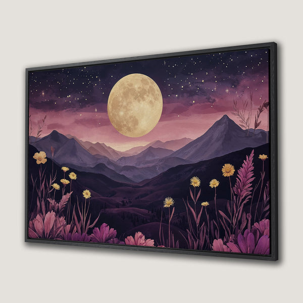 Canvas Print of a dreamy night landscape with a full moon, mountains, and flowers. Watercolor style, purple and gold color palette.