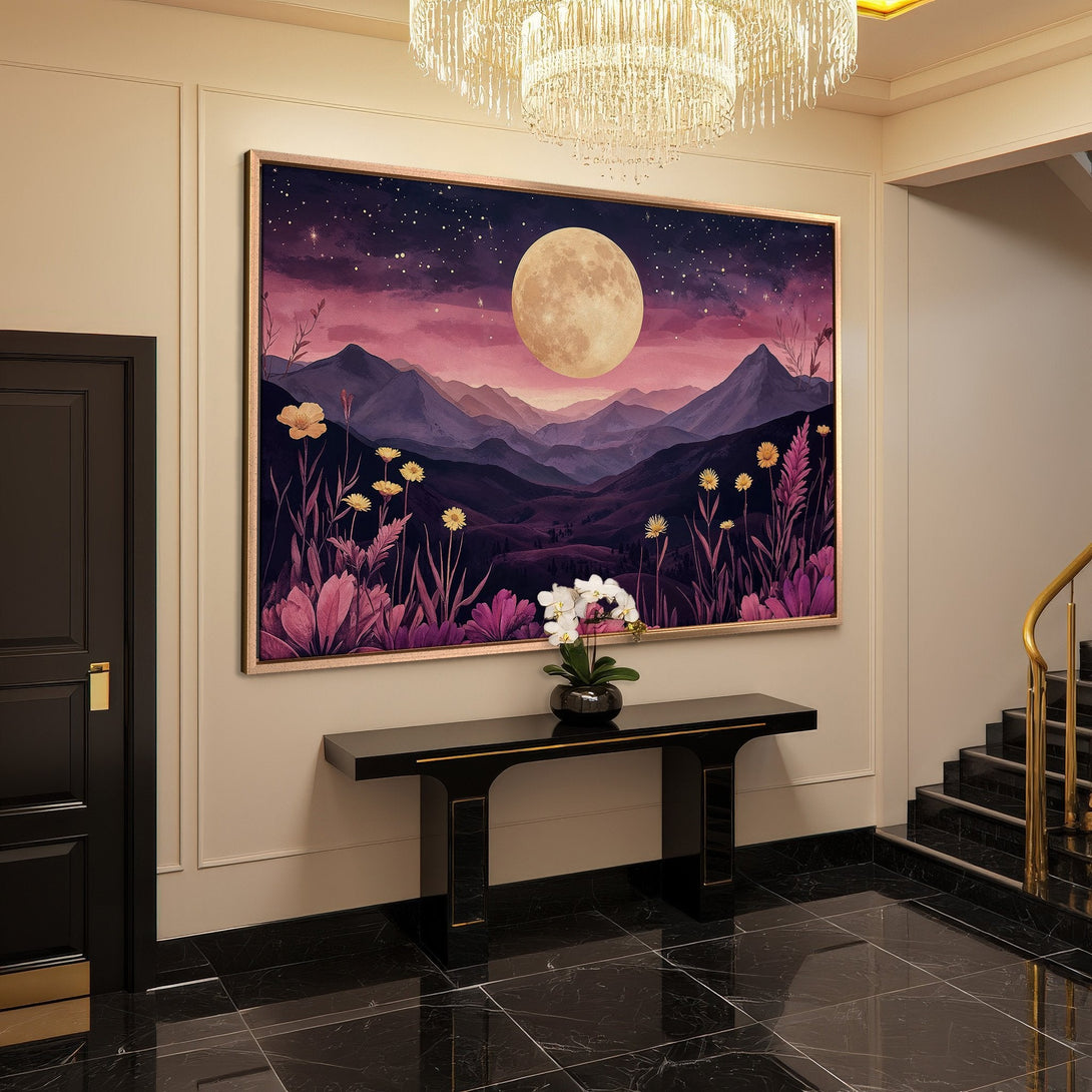 Framed Wall Art: Moonlit mountain landscape canvas print in purple and pink hues, perfect for adding a touch of elegance to your home decor.