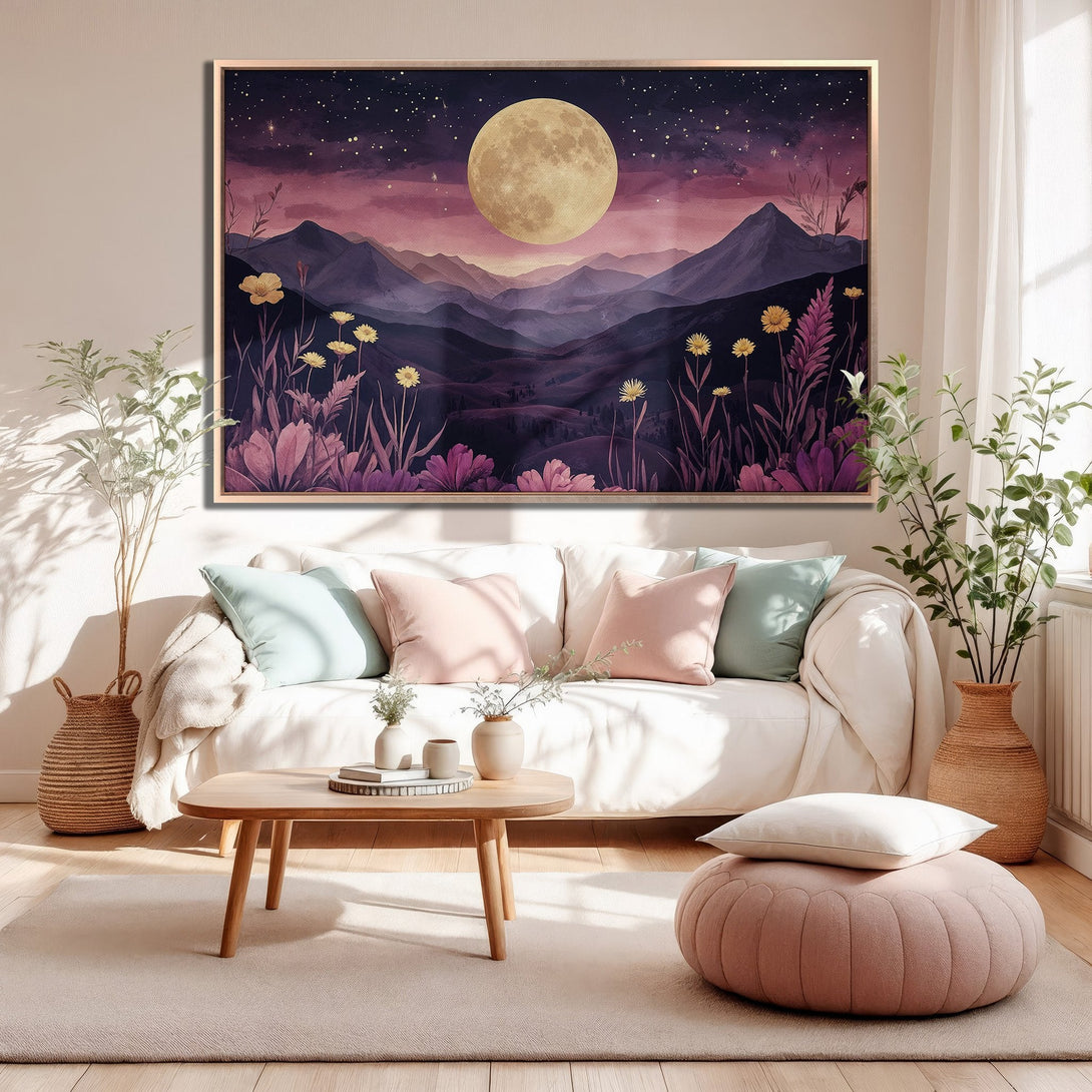 Framed Wall Art featuring a dreamy moonlit landscape with purple, pink, and yellow hues. Perfect for adding a touch of serenity to your space.