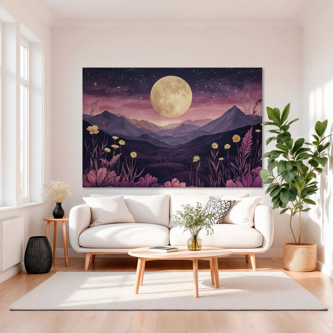 Framed Wall Art: Watercolor landscape with moon & mountains. Purple, pink, & gold color palette. Perfect for living room decor.