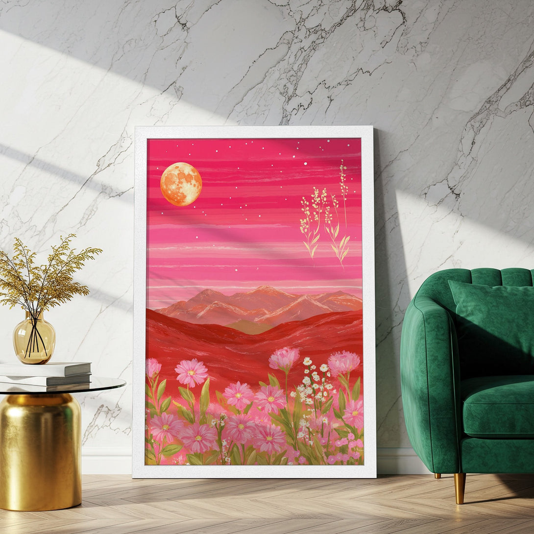 Framed Poster featuring a vibrant landscape painting with a pink and red color palette. Whimsical style with moon and flowers. Perfect wall art!