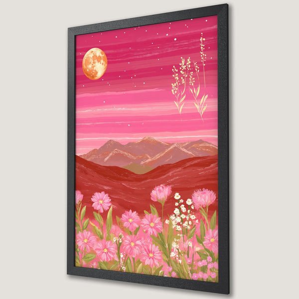 Framed Poster of a vibrant landscape with a pink sky, moon, and flowers. Artistic style with a warm, pink and red color palette. Perfect wall art!