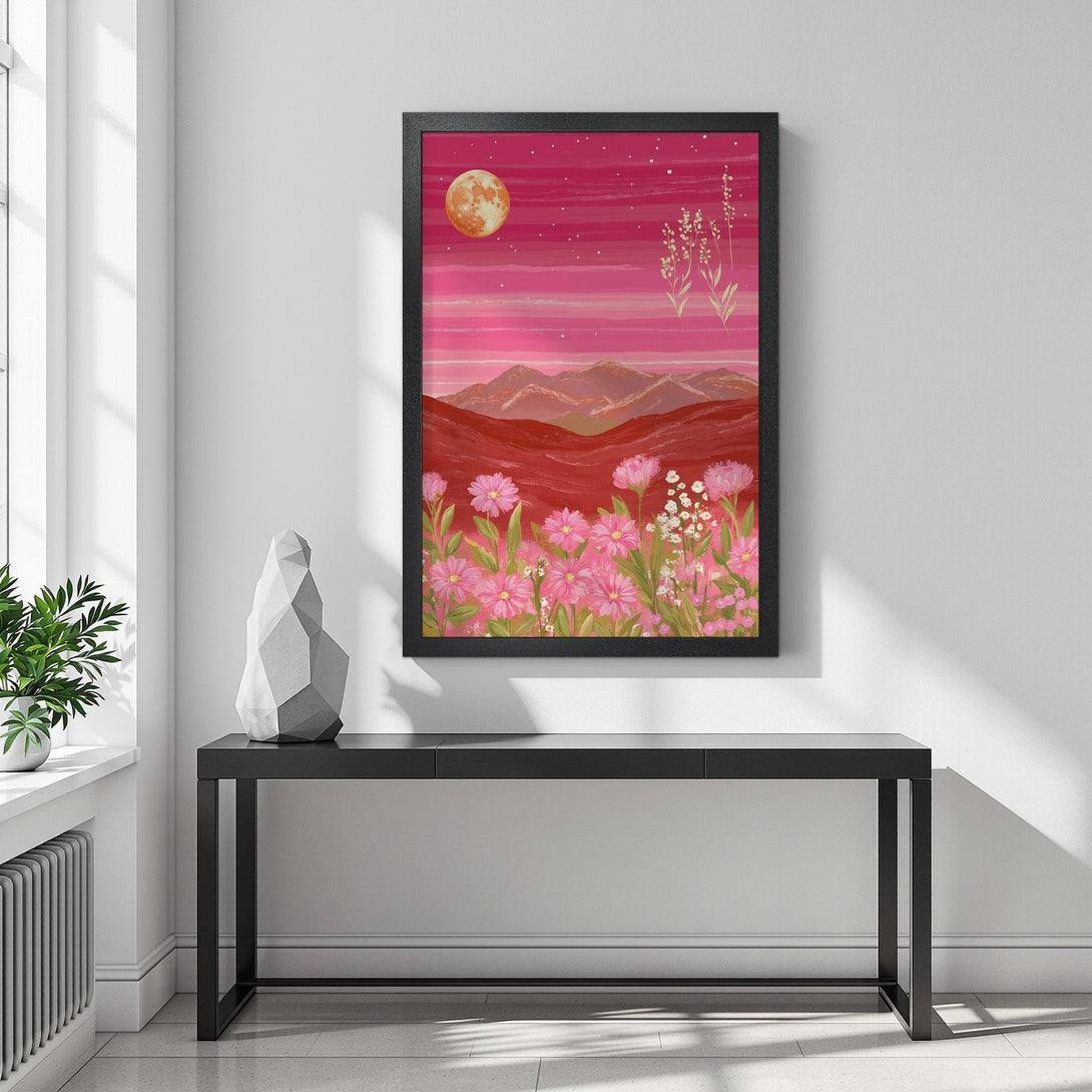 Framed Poster featuring a dreamy landscape with pink flowers, mountains, and a moon. Artistic style with a warm, pink and red color palette. Perfect wall art!