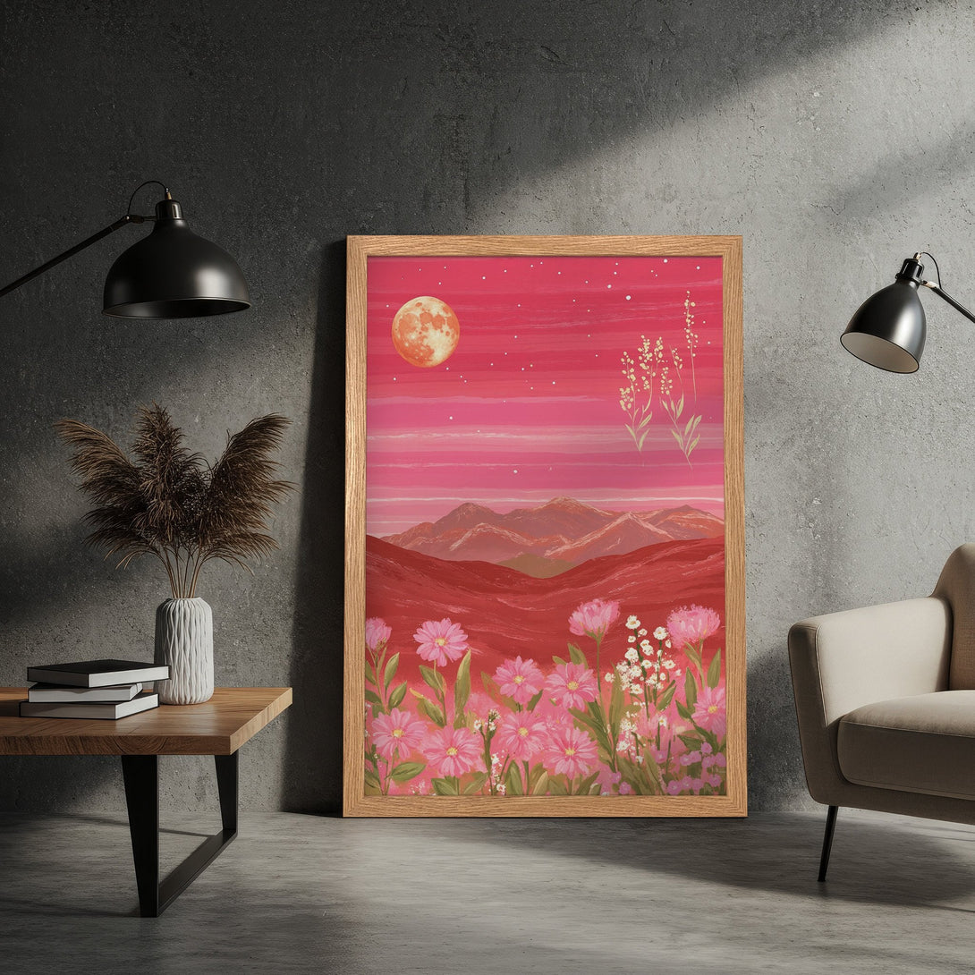 Framed Poster featuring a vibrant pink landscape with flowers and a moon. Artistic style, warm red and pink color palette. Perfect wall art!