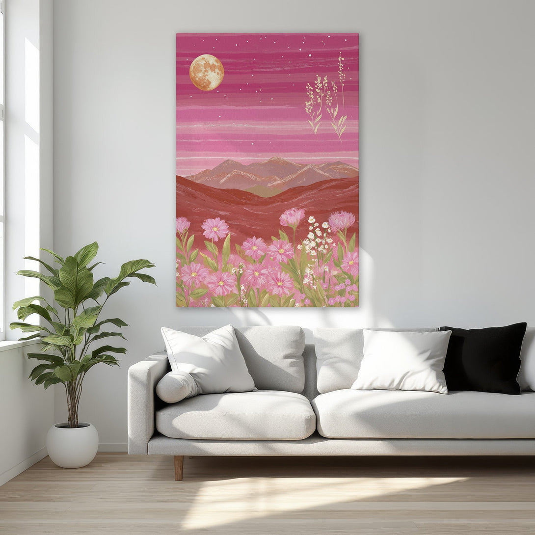 Framed Wall Art: Pink landscape painting with moon and flowers. Modern art in a bedroom, featuring a warm, romantic color palette.