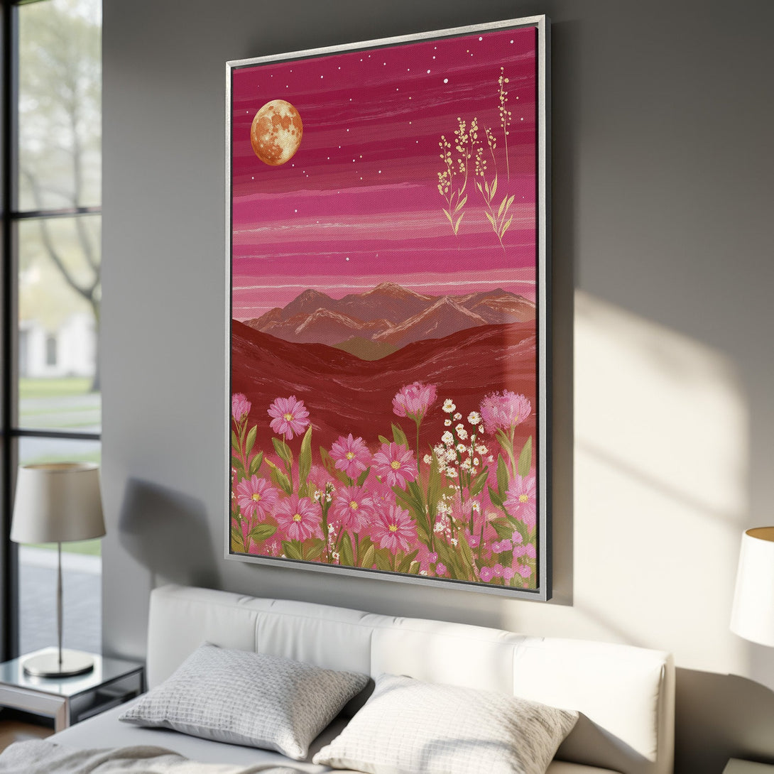 Framed Wall Art: Pink floral landscape canvas print. Modern art style with a vibrant pink, red, and gold color palette. Perfect bedroom decor.