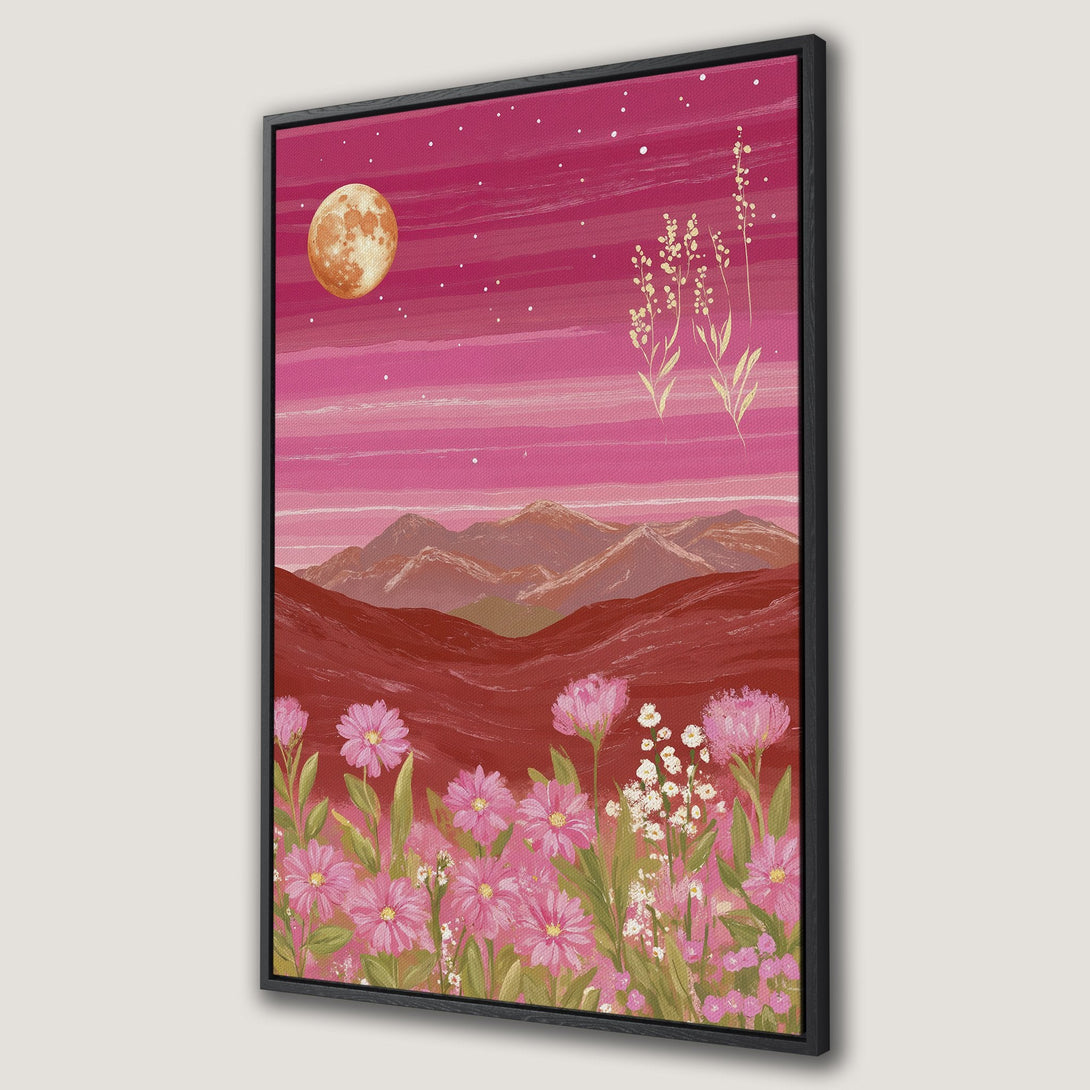 Framed Wall Art featuring a pink floral landscape with a full moon. Bohemian style art in a warm, pink and red color palette, perfect for home decor.