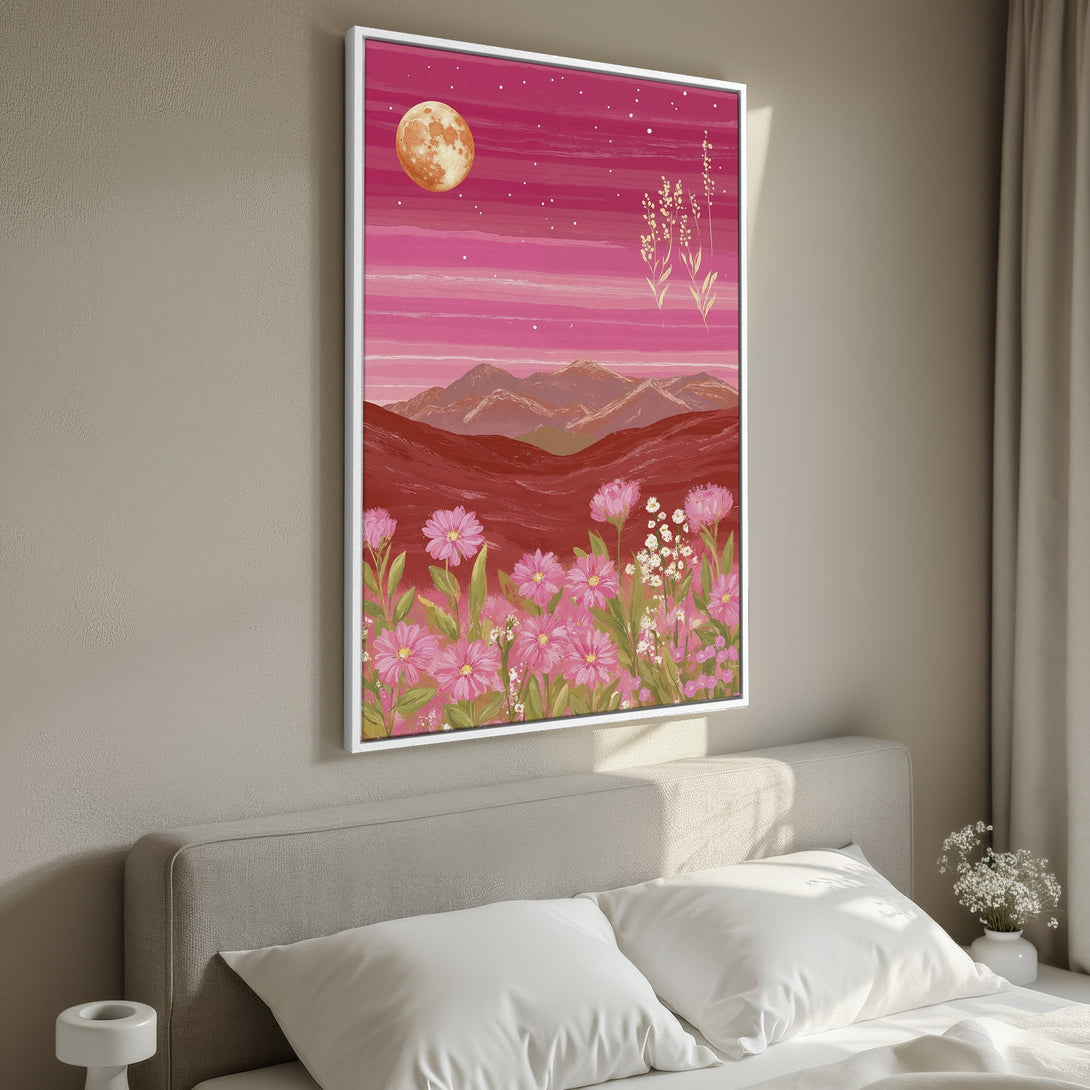Framed Wall Art featuring a dreamy landscape with a pink and red color palette. Perfect for adding a touch of serenity to your bedroom decor.