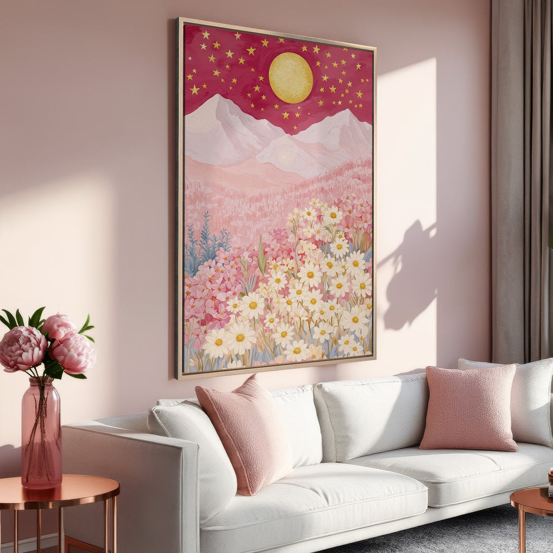 Framed Wall Art: Watercolor landscape with mountains, flowers, and moon. Soft pink and gold color palette. Perfect for adding a touch of nature to your home.