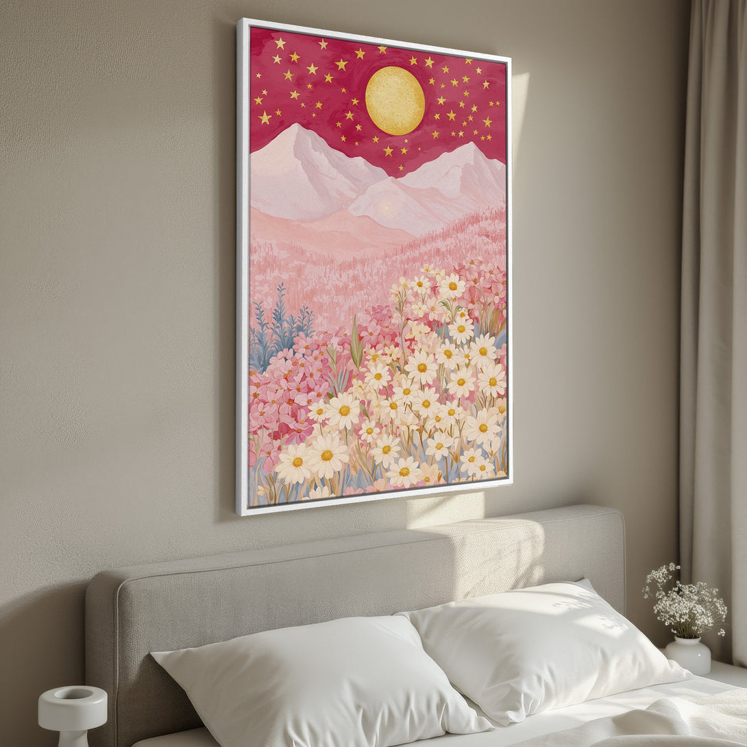 Framed Wall Art featuring a whimsical landscape with mountains, flowers, and a moon. Soft pink and gold color palette, perfect for adding a touch of magic to your space.