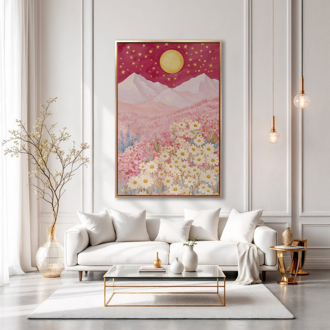 Framed Wall Art: Whimsical landscape Canvas Print with pink & gold color palette. Perfect for adding a touch of elegance to your living room decor.