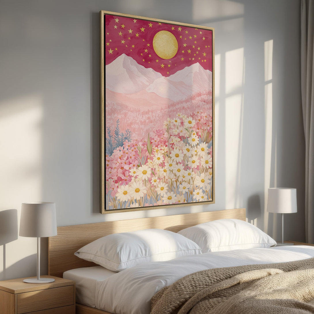 Framed Wall Art: Watercolor landscape with pink and gold hues. Features mountains, flowers, and a celestial theme. Perfect for bedroom decor.