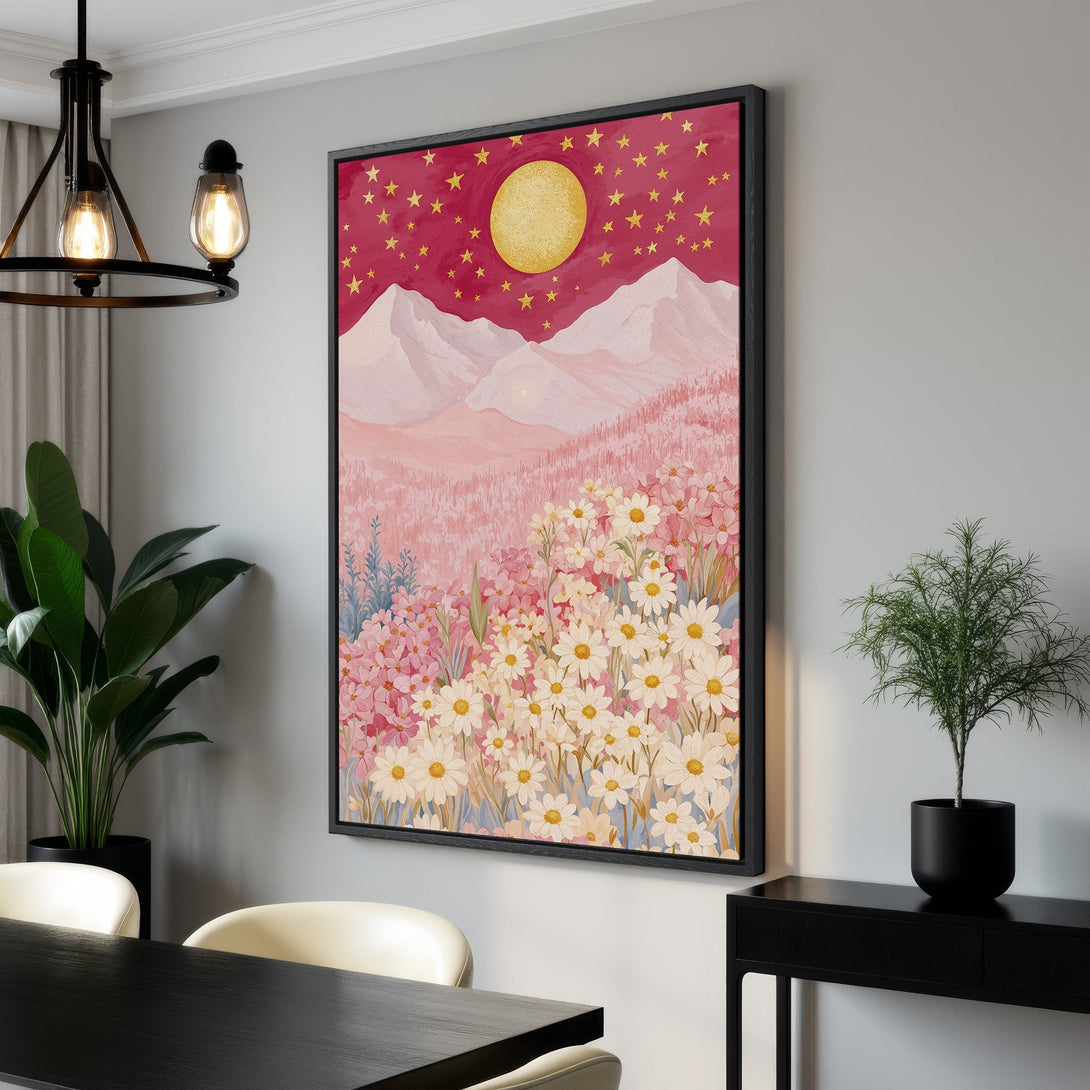 Framed Wall Art featuring a whimsical landscape with a moon, stars, and flowers in a soft pink and gold palette. Perfect for adding a touch of art to your home.