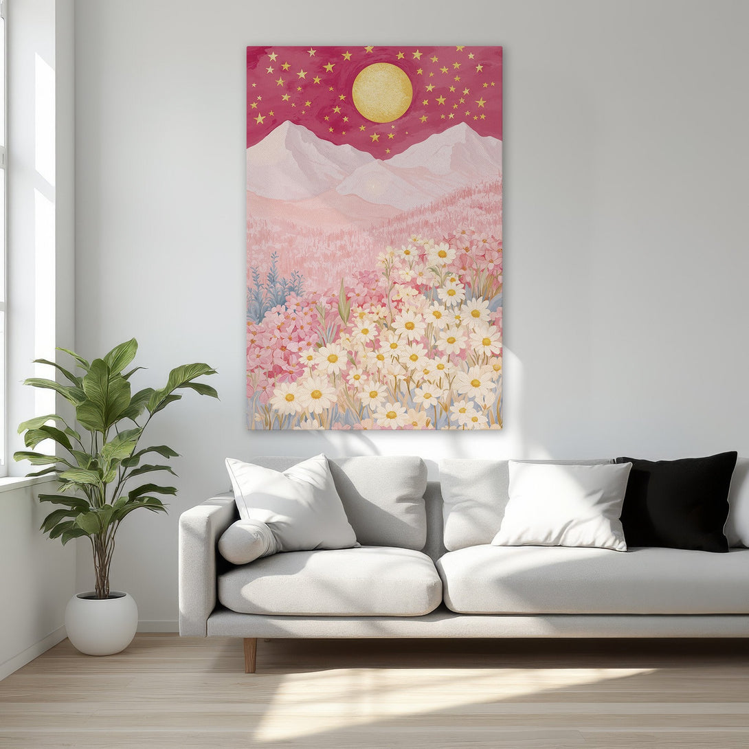 Framed Wall Art featuring a whimsical floral landscape with a pink and gold color palette. Perfect for adding a touch of elegance to any room.