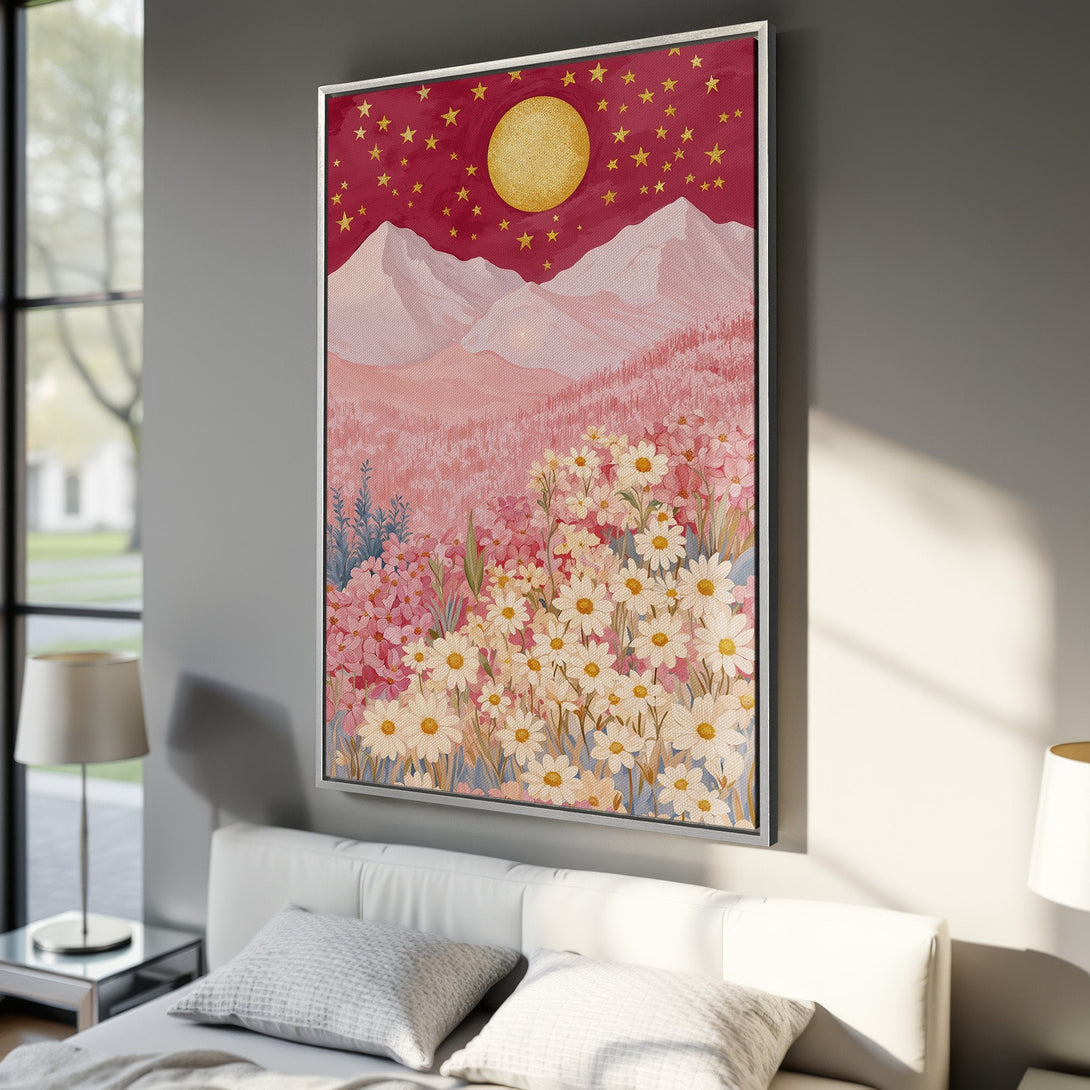 Framed Wall Art: Watercolor landscape Canvas Print with pink & gold color palette. Features whimsical flowers, mountains, moon, and stars. Perfect for bedroom decor!