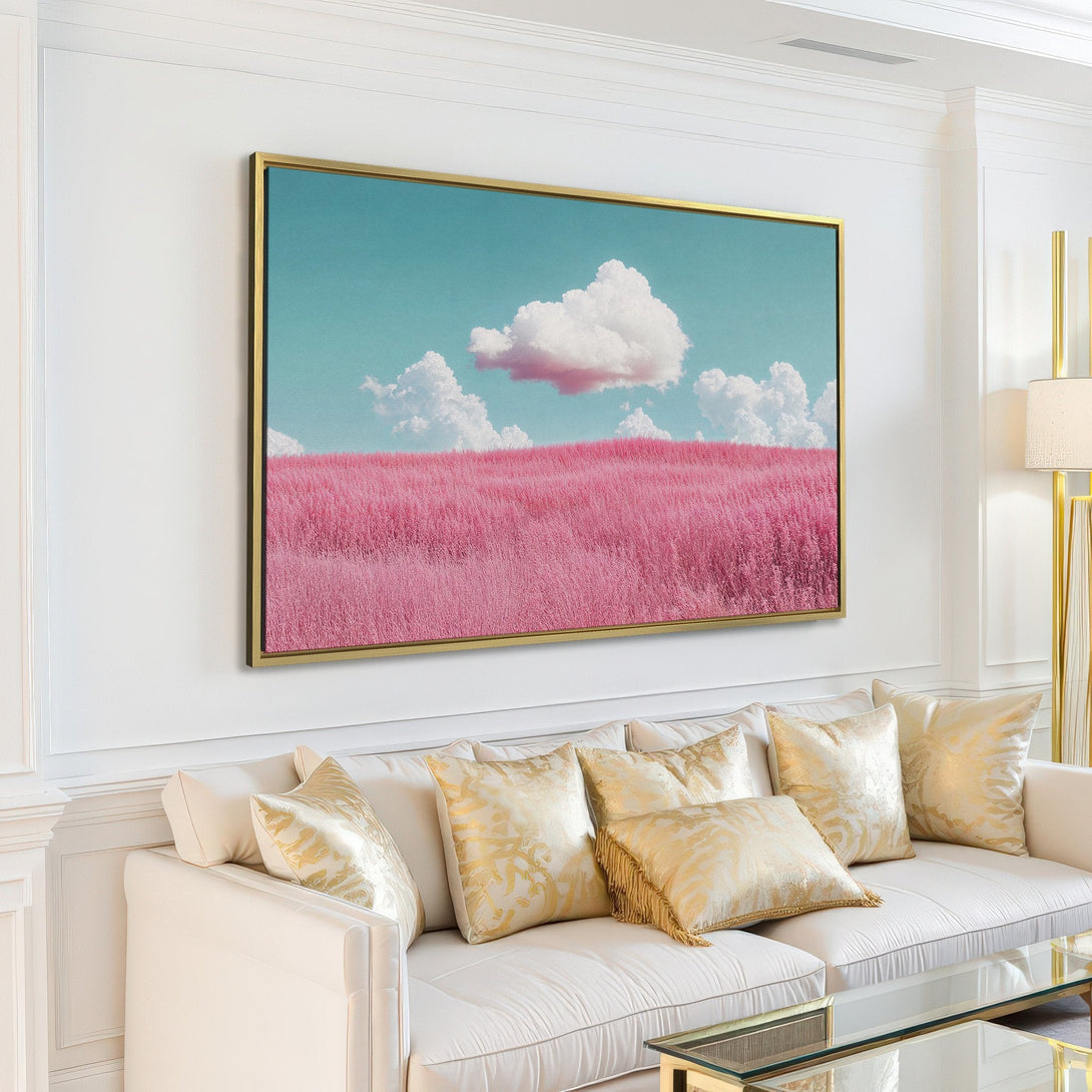 Canvas Print featuring a dreamy pink field and sky. Pastel color palette adds a touch of serenity to any space. Perfect wall art for a calming vibe.