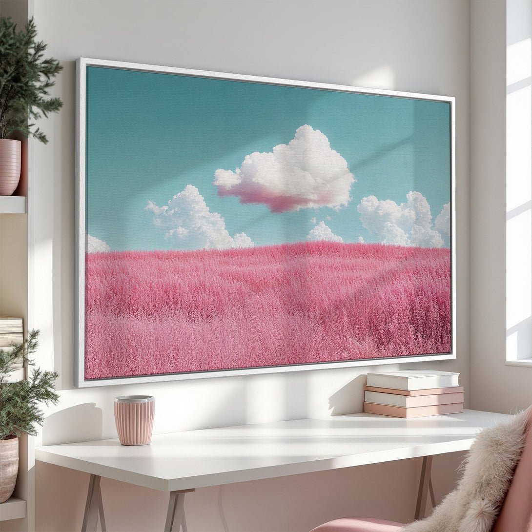 Canvas Print of a dreamy pink field under a blue sky. Modern, pastel color palette. Perfect wall art for a serene space.