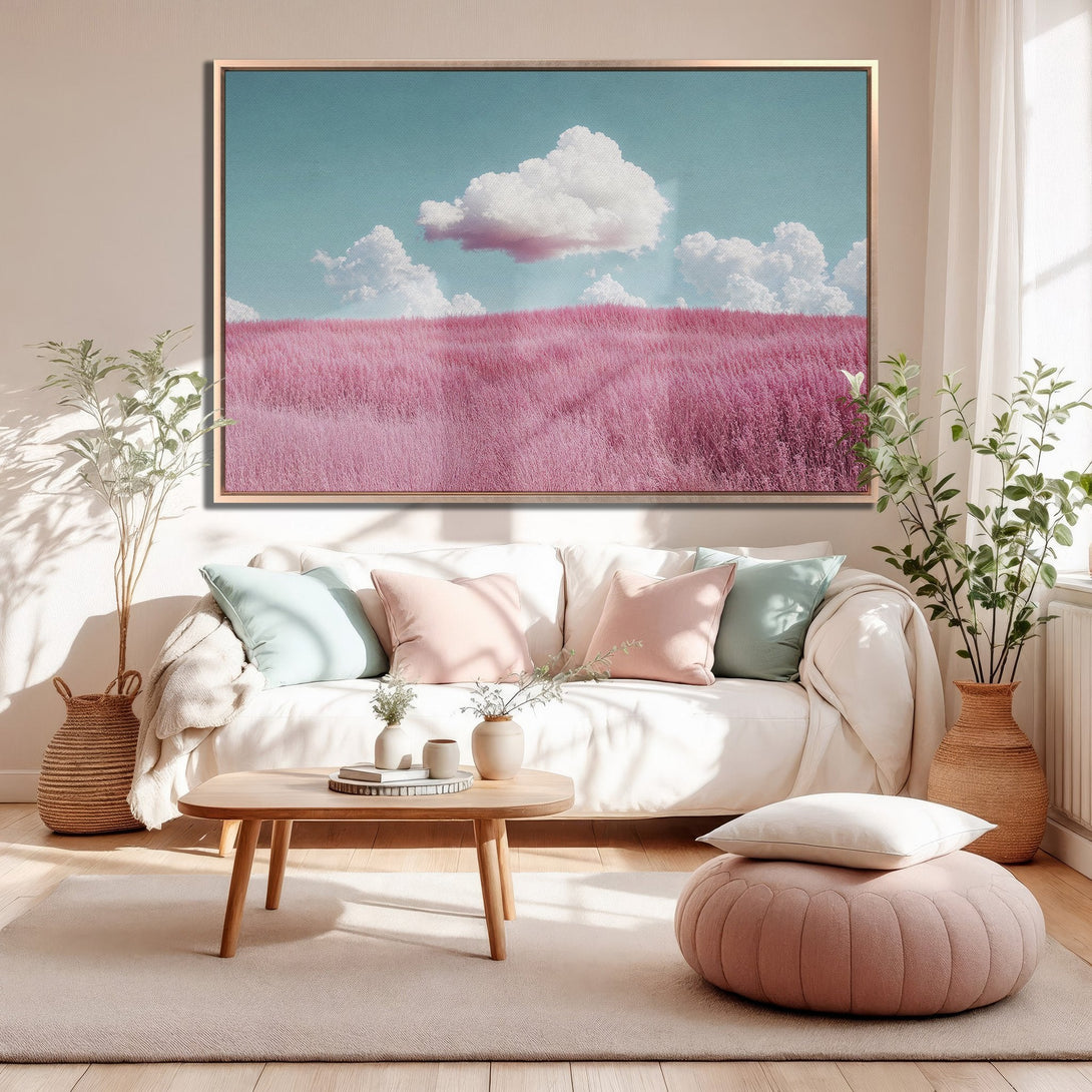 Framed Wall Art featuring a pink field landscape, perfect for adding a touch of serenity. Pastel color palette complements any interior. Shop now!