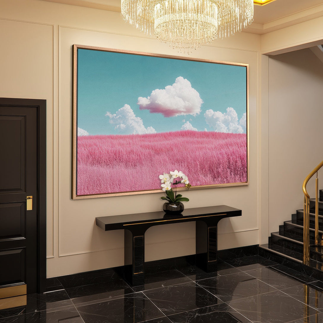Framed Wall Art: Pink field landscape Canvas Print. Modern art with a vibrant pink, blue, and white color palette. Perfect for adding a touch of elegance.